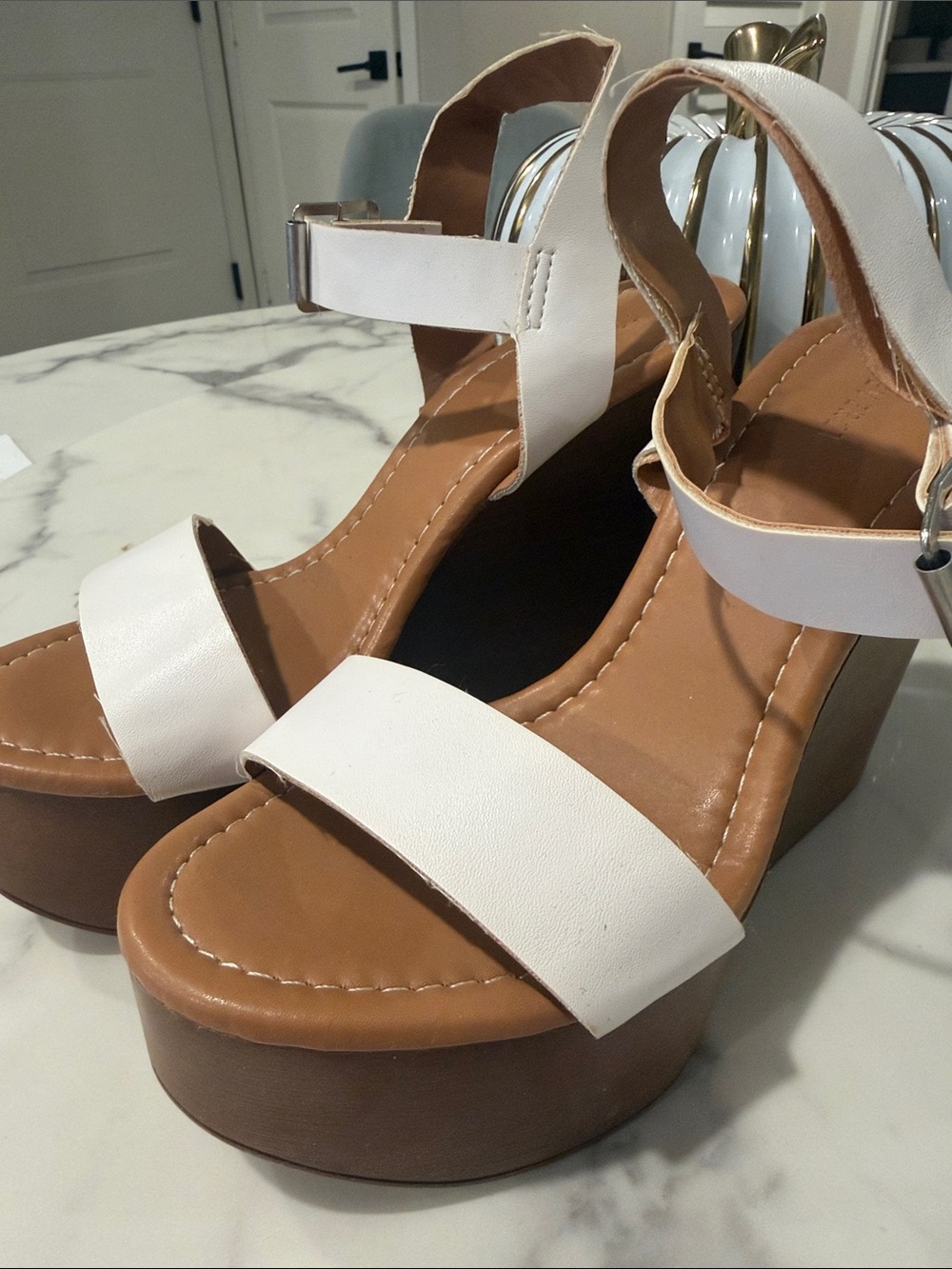 Forever 21 White and Tan Platform Ankle-Strap Sandals